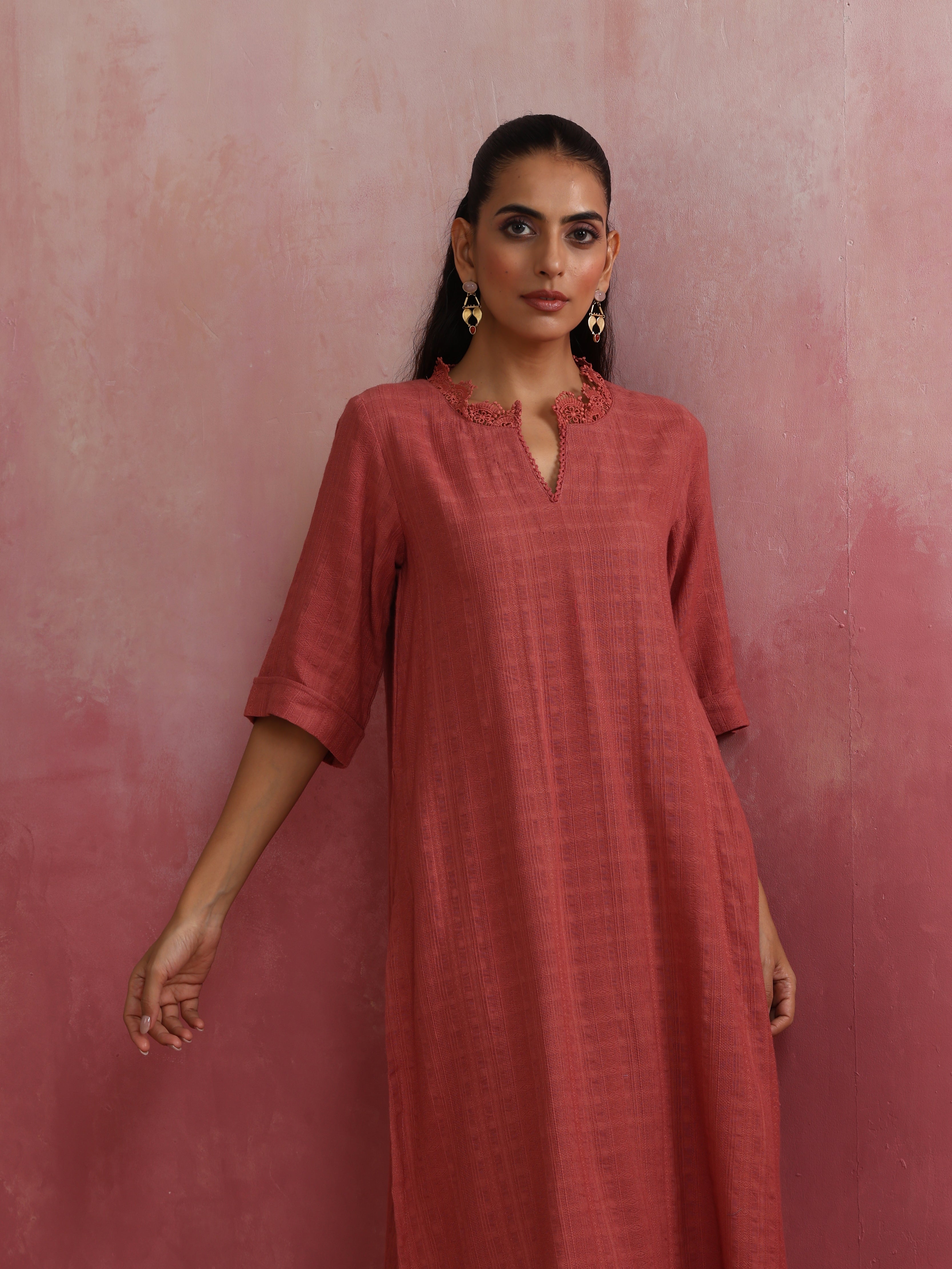 trueBrowns Peach High low Cotton Dobby Kurta Set - Distacart