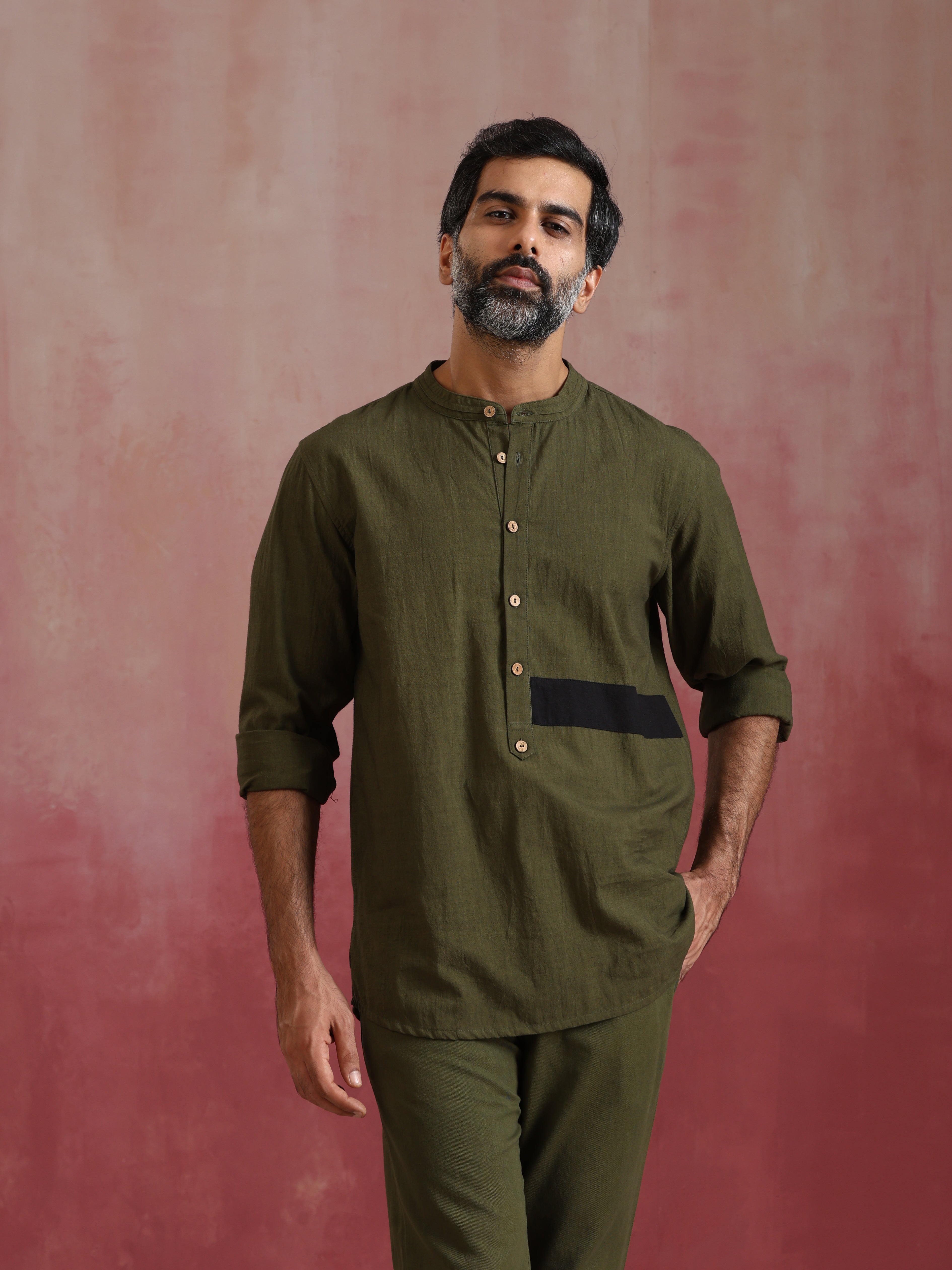 trueBrowns Men's Olive green Cotton Mandarin Collar Kurta Co-ord set