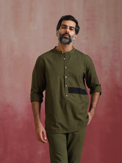 trueBrowns Men's Olive green Cotton Mandarin Collar Kurta Co-ord set - Distacart