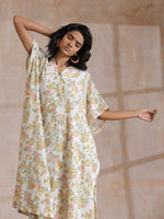 Thumbnail for trueBrowns Pink Yellow Floral On White Block Print Cotton Panel Kaftan Kurta Pant Set - Distacart
