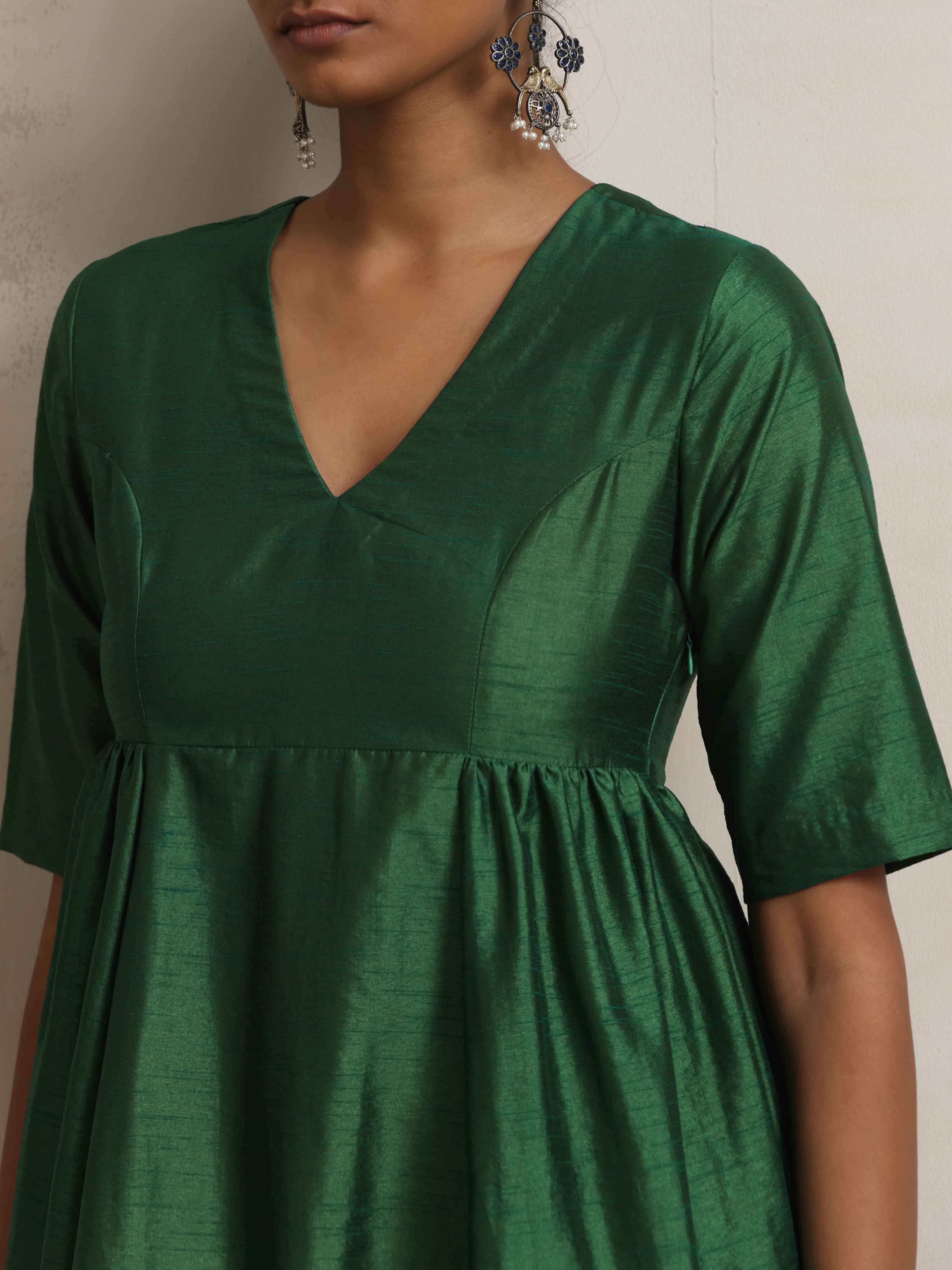 trueBrowns Dark Green Silk Arkali Flared Kurta Set - Distacart