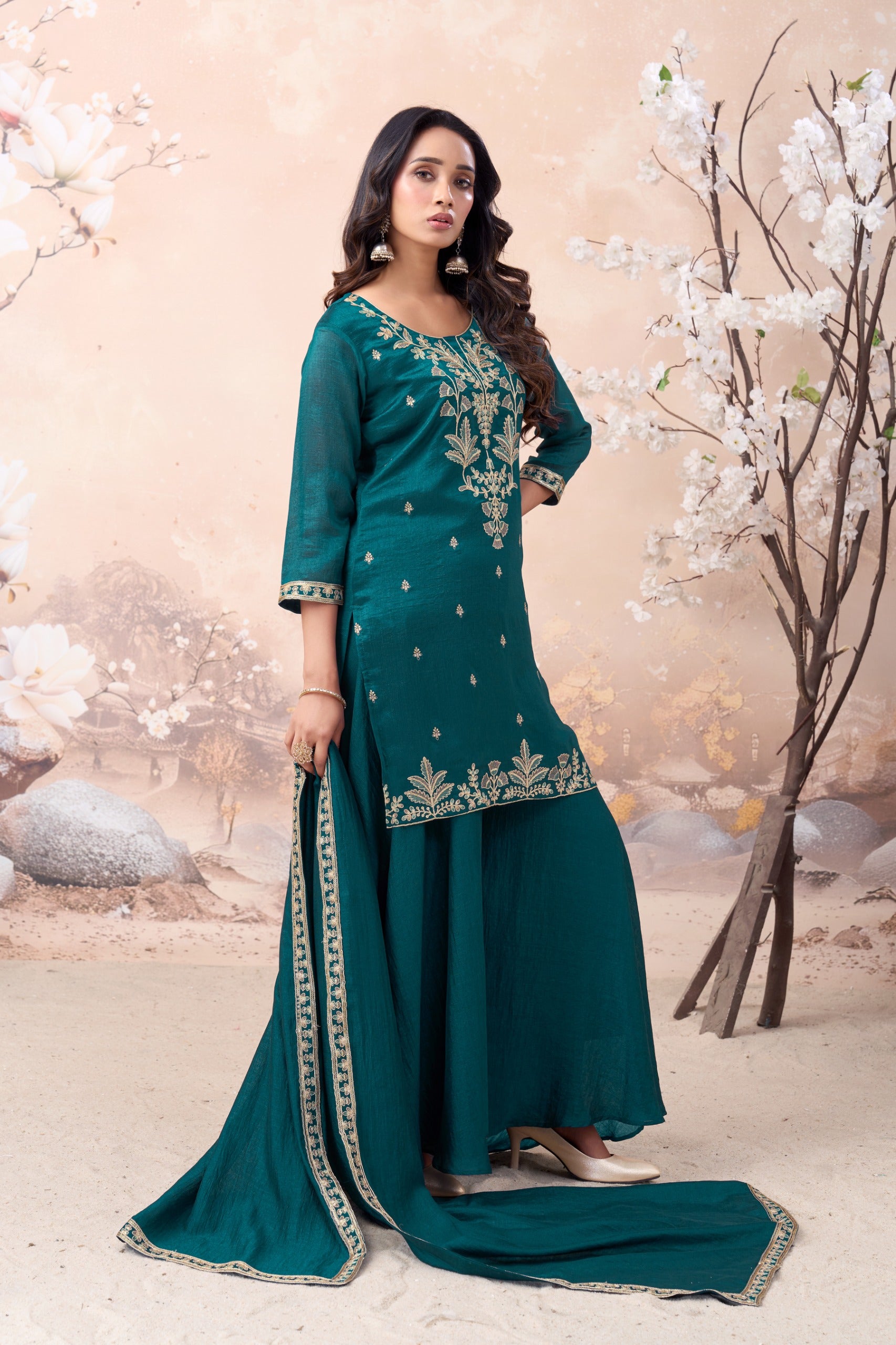Anaita Teal Vichitra Silk Readymade Suit with Coding Work - Dista
