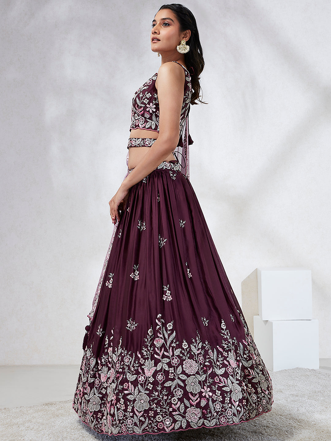 House of Panchhi Burgundy Pure Georgette Sequins And Thread Embroidery Lehenga Choli & Dupatta - Distacart
