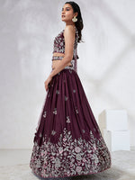 Thumbnail for House of Panchhi Burgundy Pure Georgette Sequins And Thread Embroidery Lehenga Choli & Dupatta - Distacart