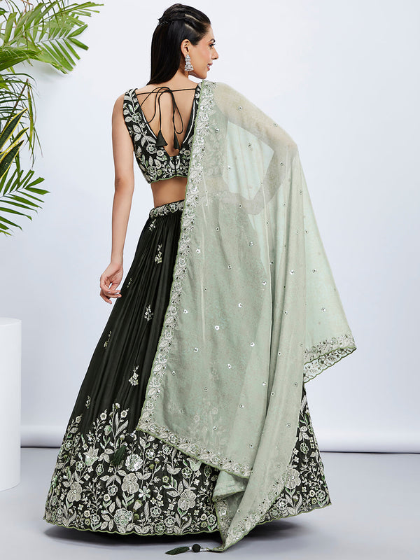 House of Panchhi Turquoise Blue Georgette Sequins And Thread Embroidery Lehenga Choli & Dupatta - Distacart