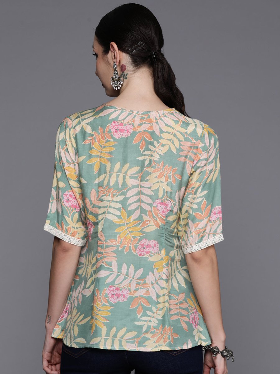 Ahalyaa Floral Printed Tunic with Lace Inserts Detail - Distacart