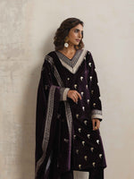 Thumbnail for trueBrowns Wine Velvet Floral Embroidered Kurta Pant Dupatta Set - Distacart