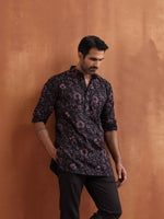 Thumbnail for trueBrowns Men's Black Floral Printed Short Kurta