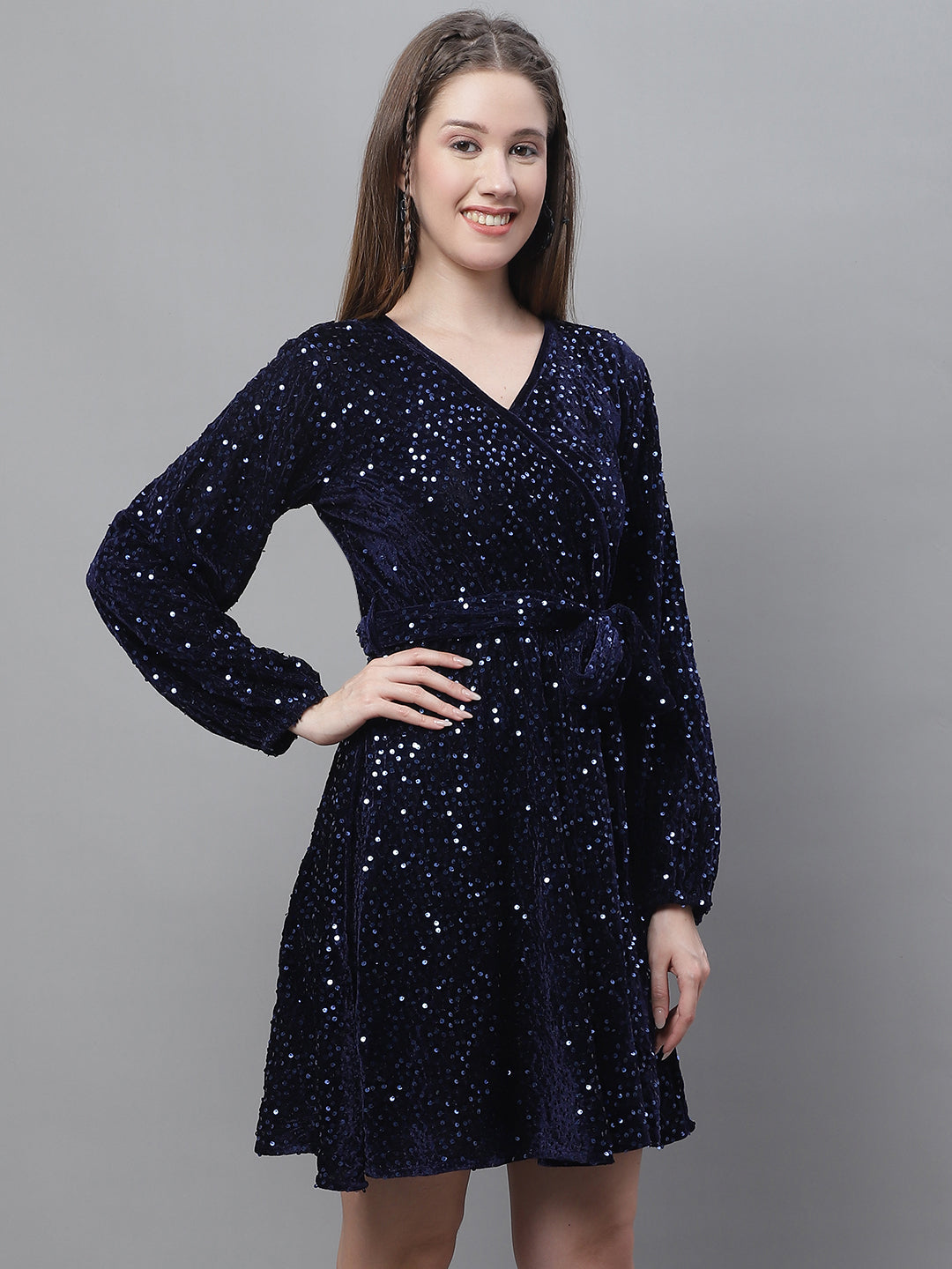Jainish Women's WoSequin Velvet A-line dress - Navy Blue - Distacart