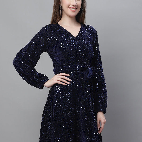 Jainish Women's WoSequin Velvet A-line dress - Navy Blue - Distacart