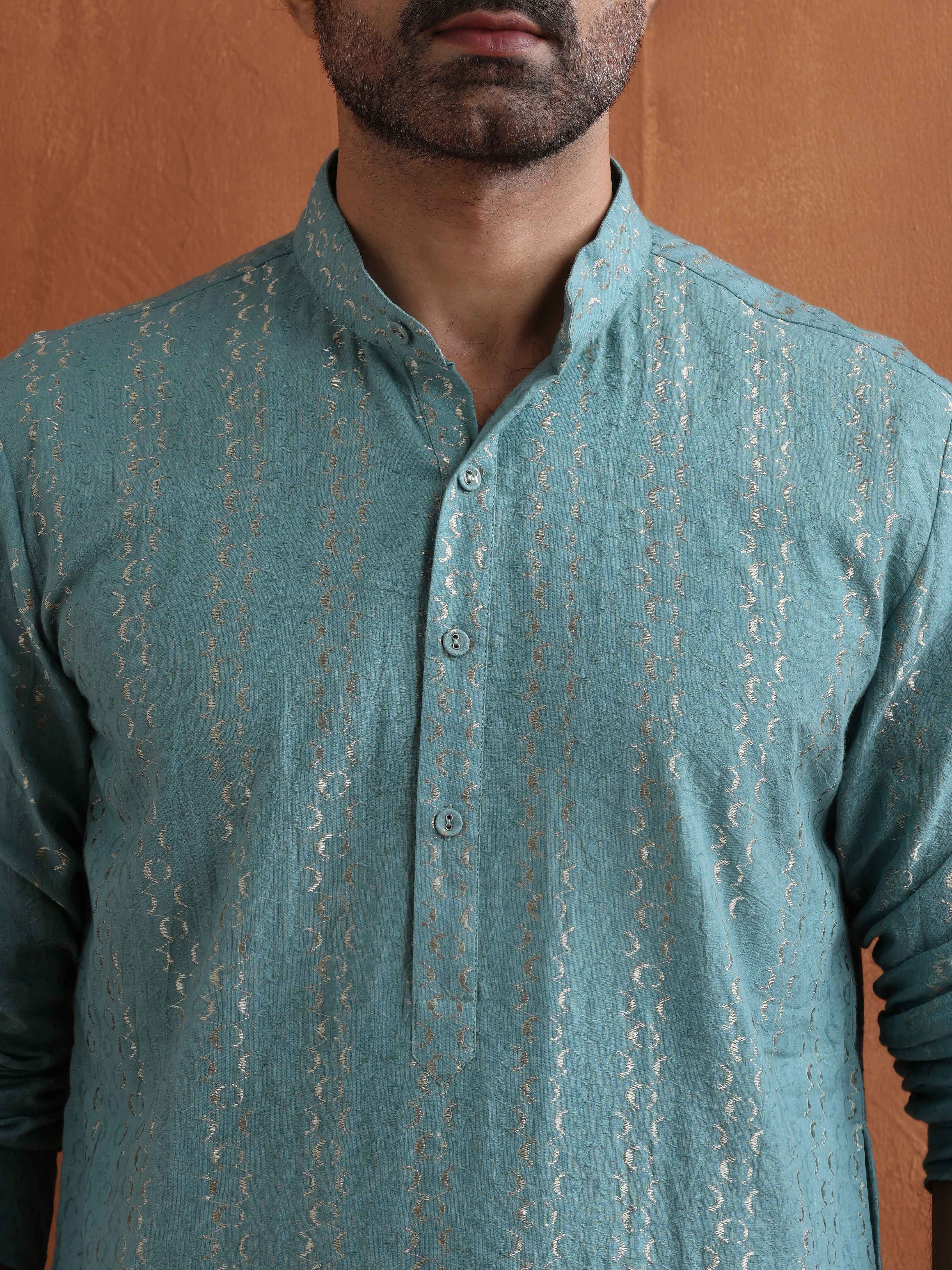 trueBrowns Men's Green Textured Cotton Dobby Kurta
