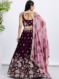 Thumbnail for House of Panchhi Purple Pure Georgette Sequins And Thread Embroidery Lehenga Choli & Dupatta - Distacart