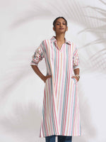 Thumbnail for trueBrowns Off-White Cotton Multi Stripe A-line Kurta Set