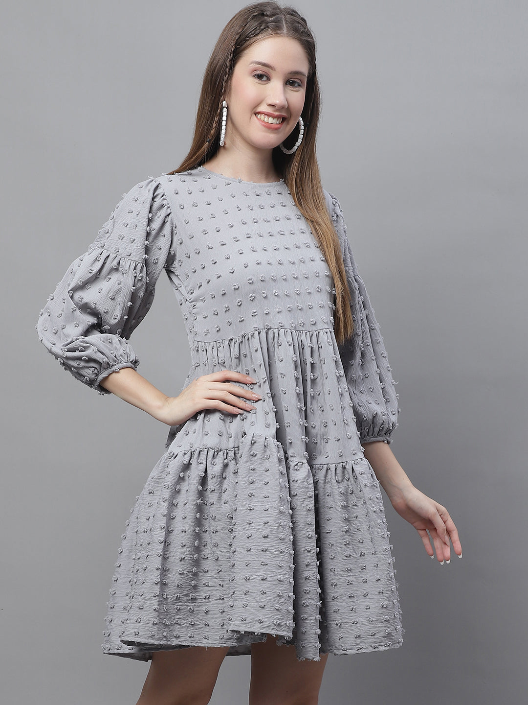 Jainish Women's Peach Self Design Tiered Dress - Distacart