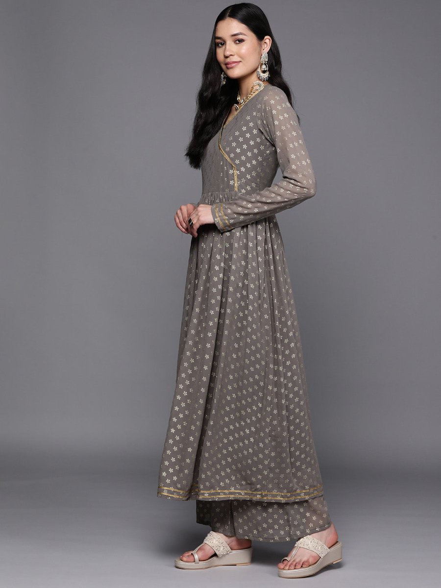 Ahalyaa Women Grey Floral Empire Kurta with Palazzos - Distacart