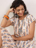 Thumbnail for InWeave Off White Orange Black Ikkat Print Round Neck Aline Dress