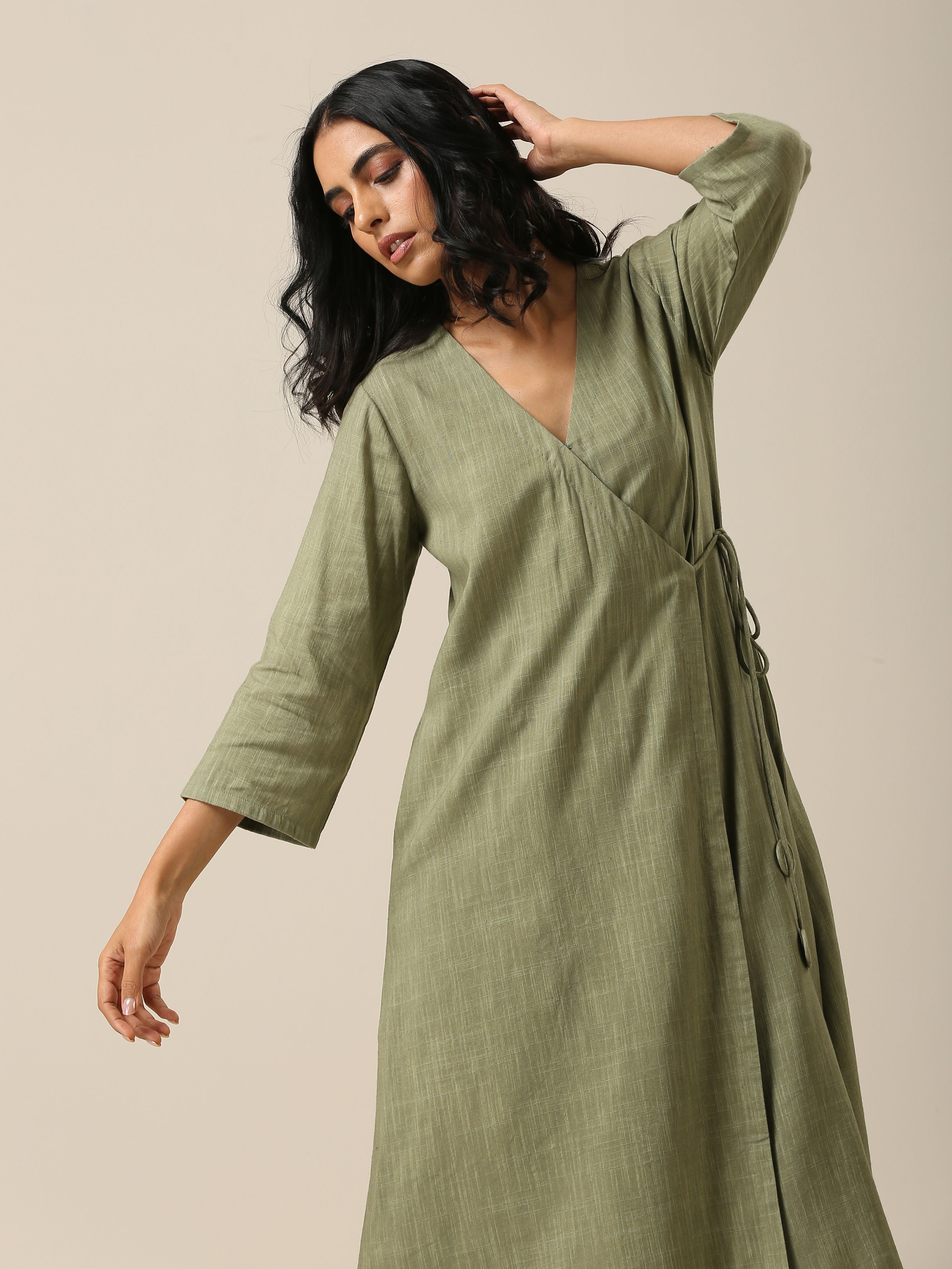 trueBrowns Sage Slub Texture Angrakha Pant Set | Relove