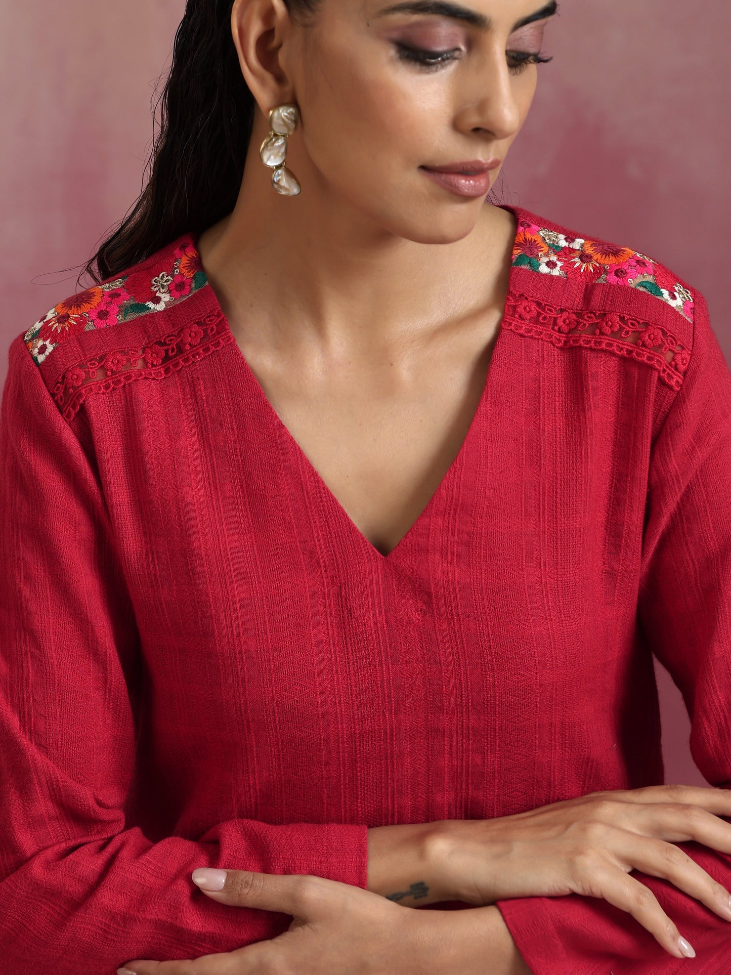 trueBrowns Red Cotton Dobby Kurta Co-ord set - Distacart
