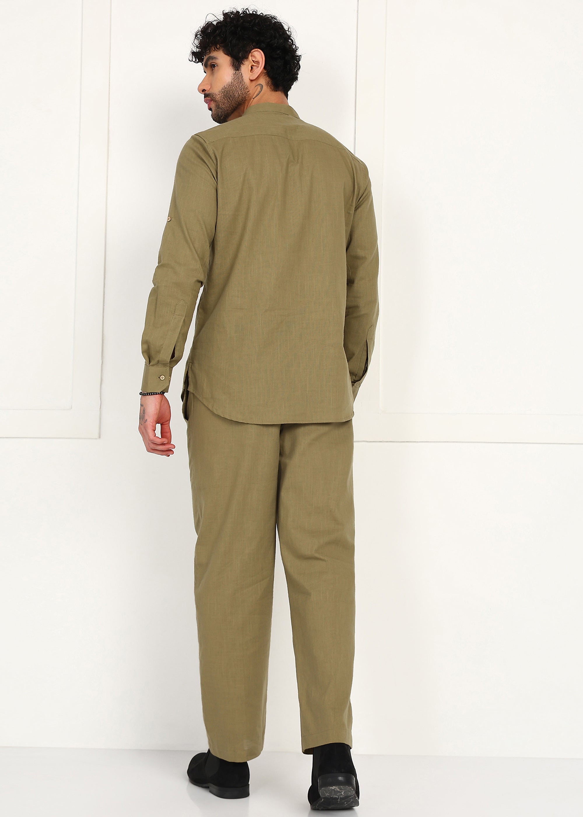 Fabmade Olive Dune Linen Short Kurta Co-Ord Set - Distacart