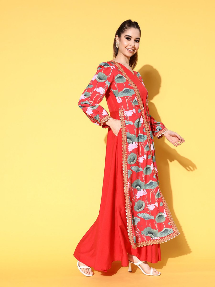 Ahalyaa Floral Printed Tie-Ups Maxi Ethnic Dress - Distacart