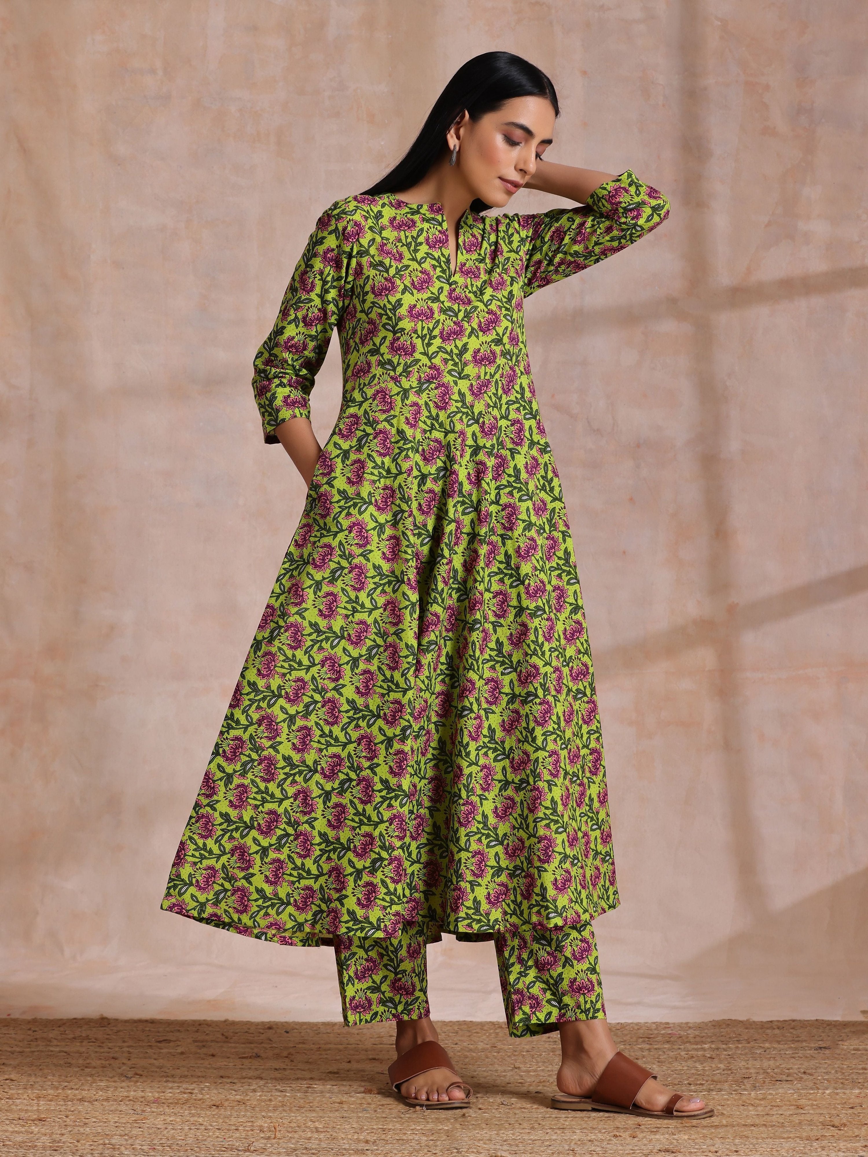 trueBrowns Lime Green Overall Pink Floral Block Print Cotton Flared Kurta Pant Set - Distacart