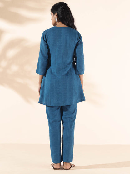 trueBrowns Blue Cotton Dobby Co-ord Set - Distacart