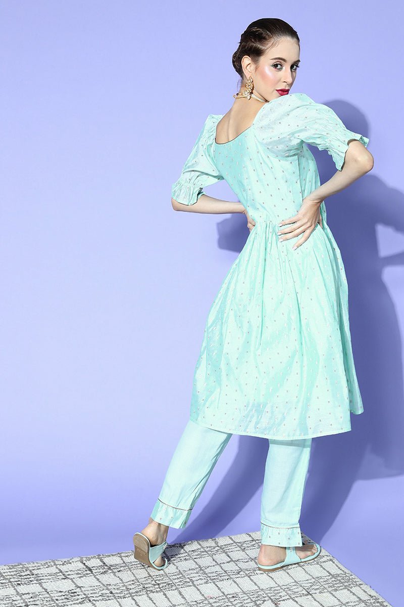 Ahika Sky Blue Poly Chanderi Square Neck Kurta Set