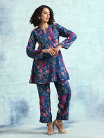 Thumbnail for trueBrowns Blue Printed Velvet Co-Ord Set - Distacart
