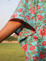 Thumbnail for trueBrowns Aqua Cotton Block Print Kaftan Co-Ord Set - Distacart