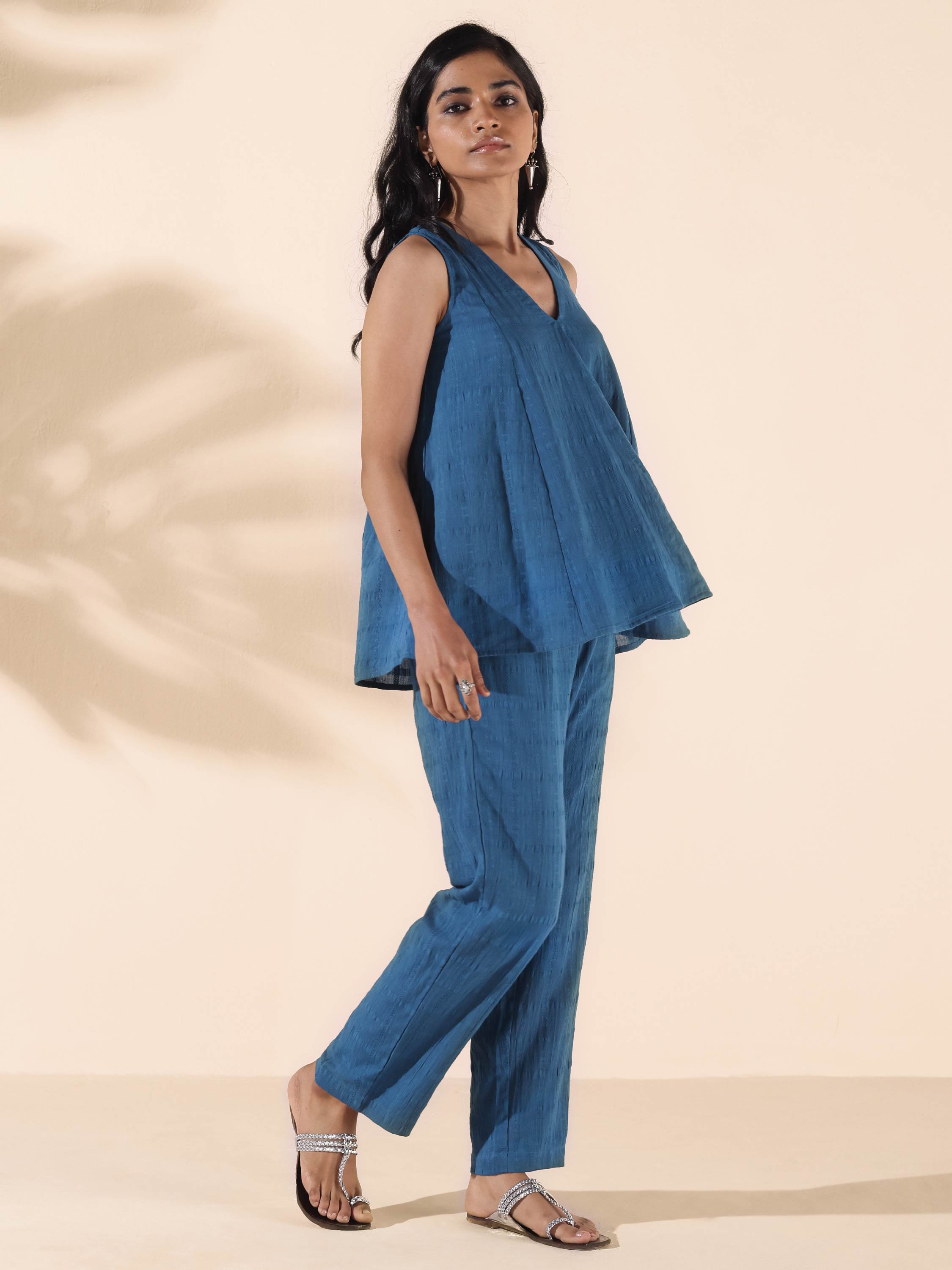trueBrowns Blue Cotton Dobby Flared Co-ord Set - Distacart