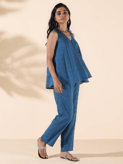 trueBrowns Blue Cotton Dobby Flared Co-ord Set - Distacart