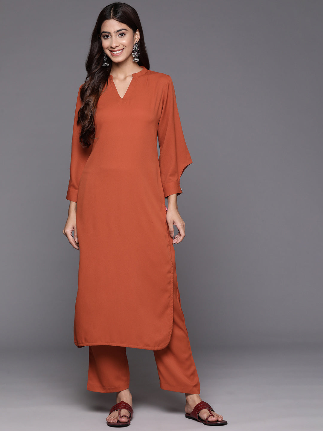 Varanga Women Rust Long Sleeves With Smart Cut Cuff, Straight Kurta Paired With Tonal Solid Bottom - Distacart