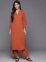 Thumbnail for Varanga Women Rust Long Sleeves With Smart Cut Cuff, Straight Kurta Paired With Tonal Solid Bottom - Distacart