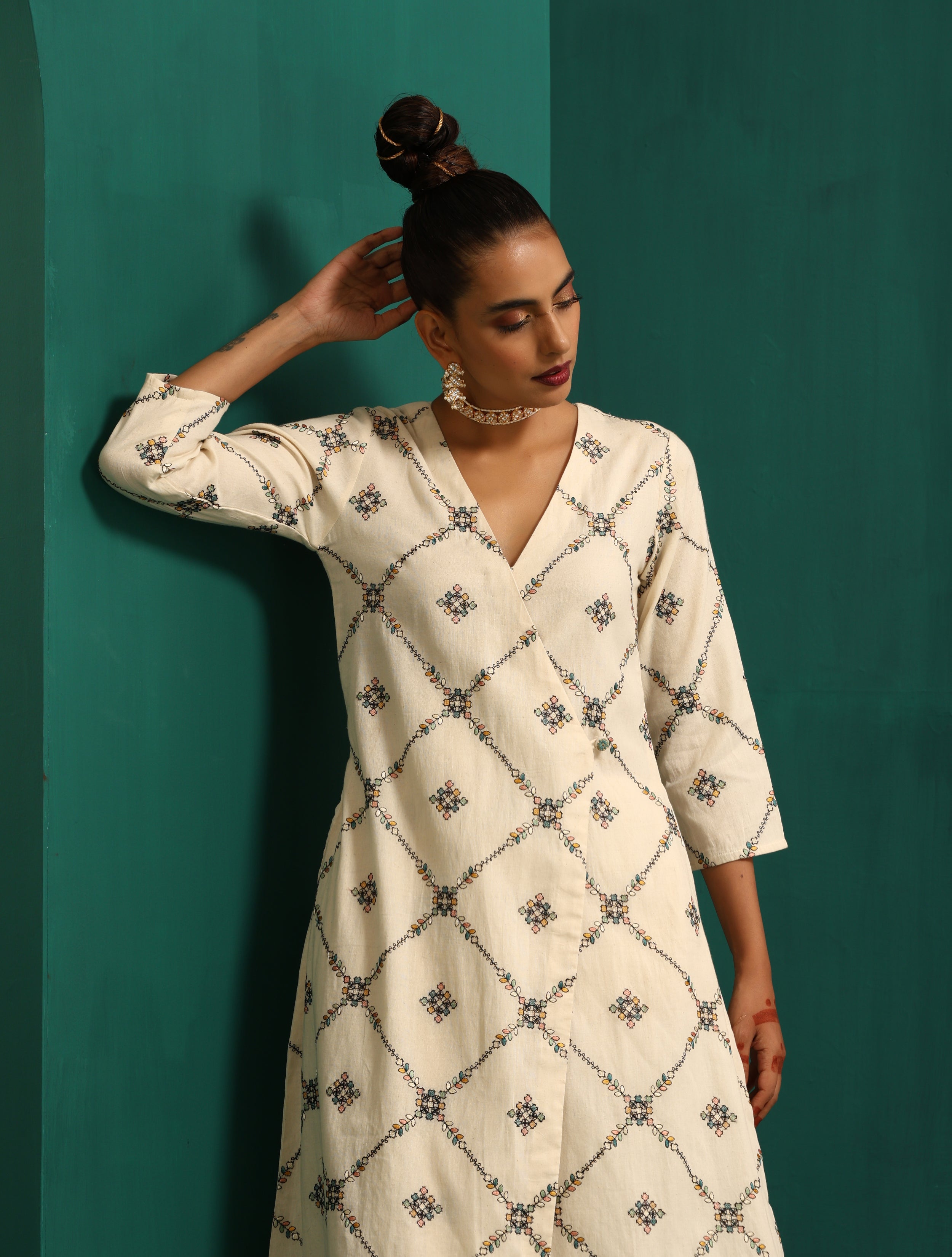 trueBrowns Ivory Rhombus Cotton Angrakha Kurta Pant Set - Distacart