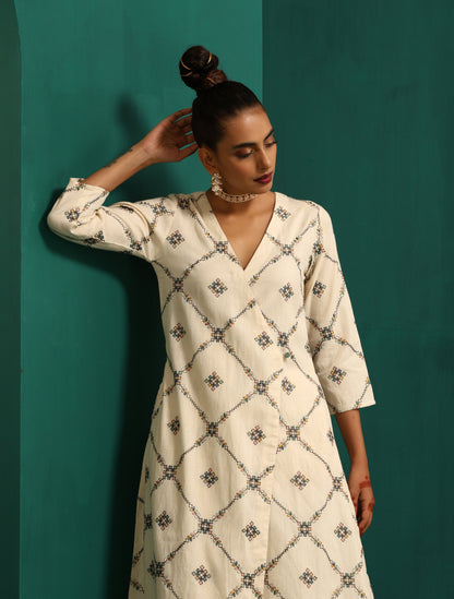 trueBrowns Ivory Rhombus Cotton Angrakha Kurta Pant Set - Distacart