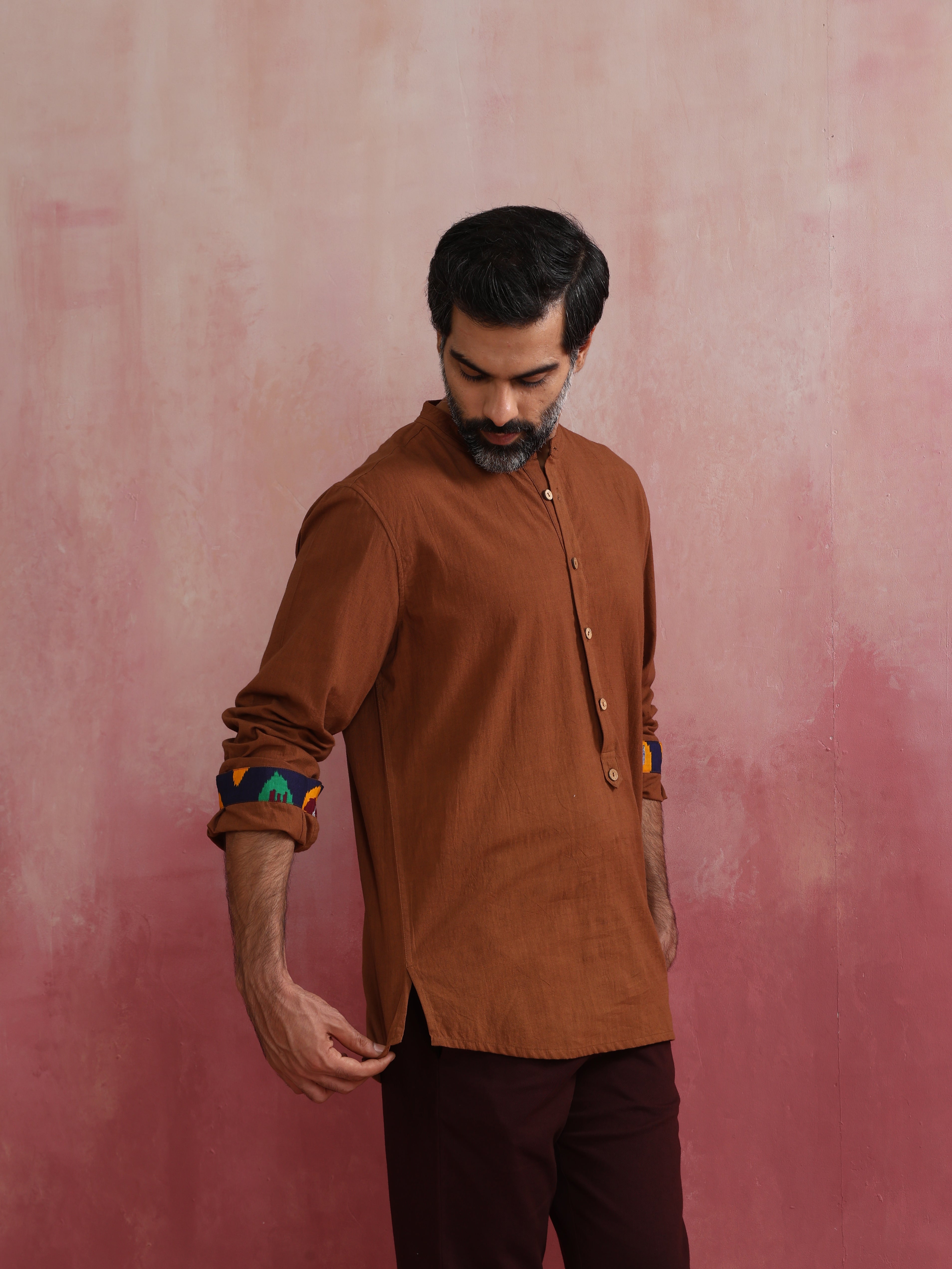 trueBrowns Men's Brown Cotton Mandarin Collar Stylized Kurta - Distacart