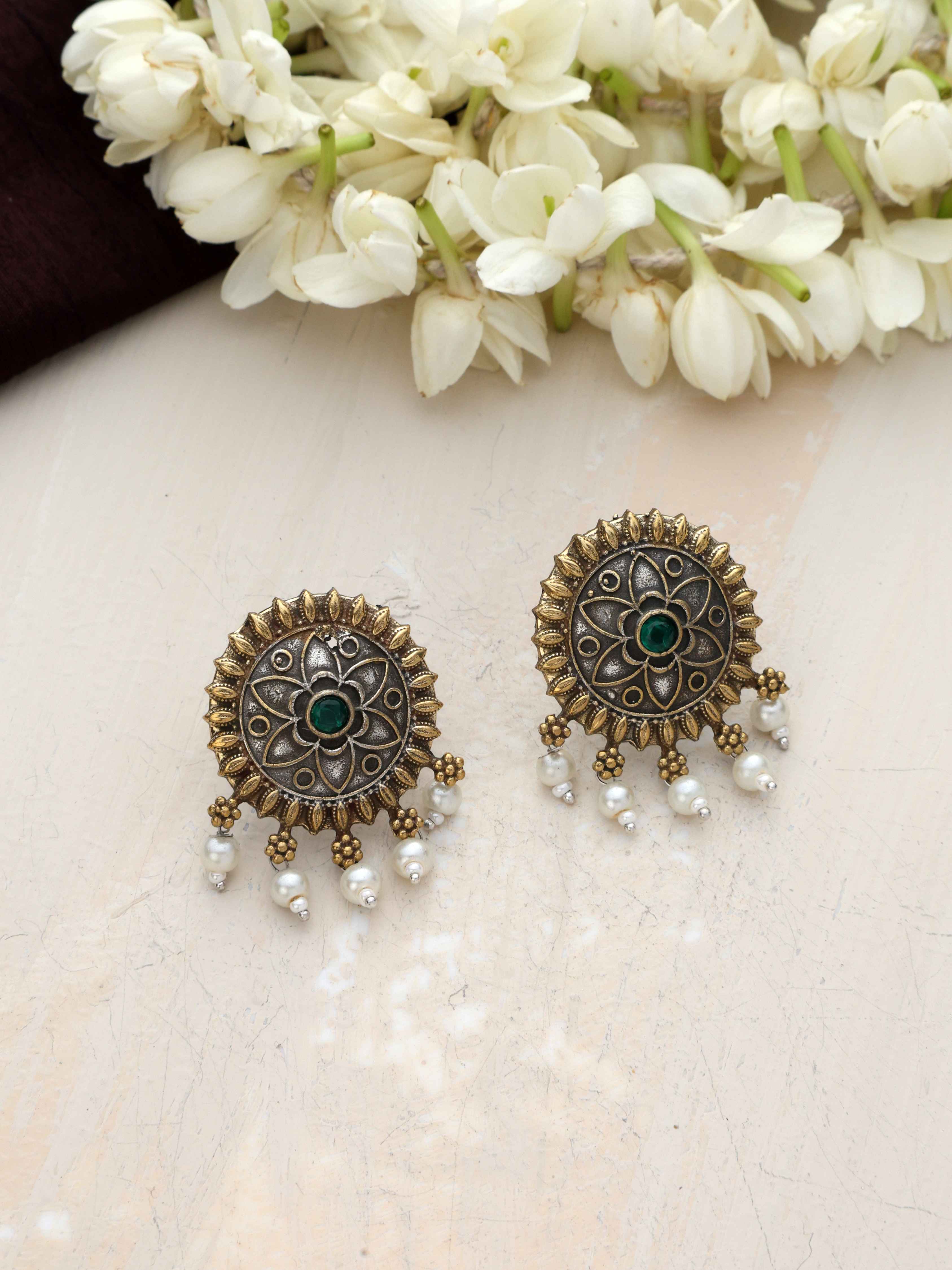 trueBrowns Silver Gold Tone Floral Stud Earrings - Distacart