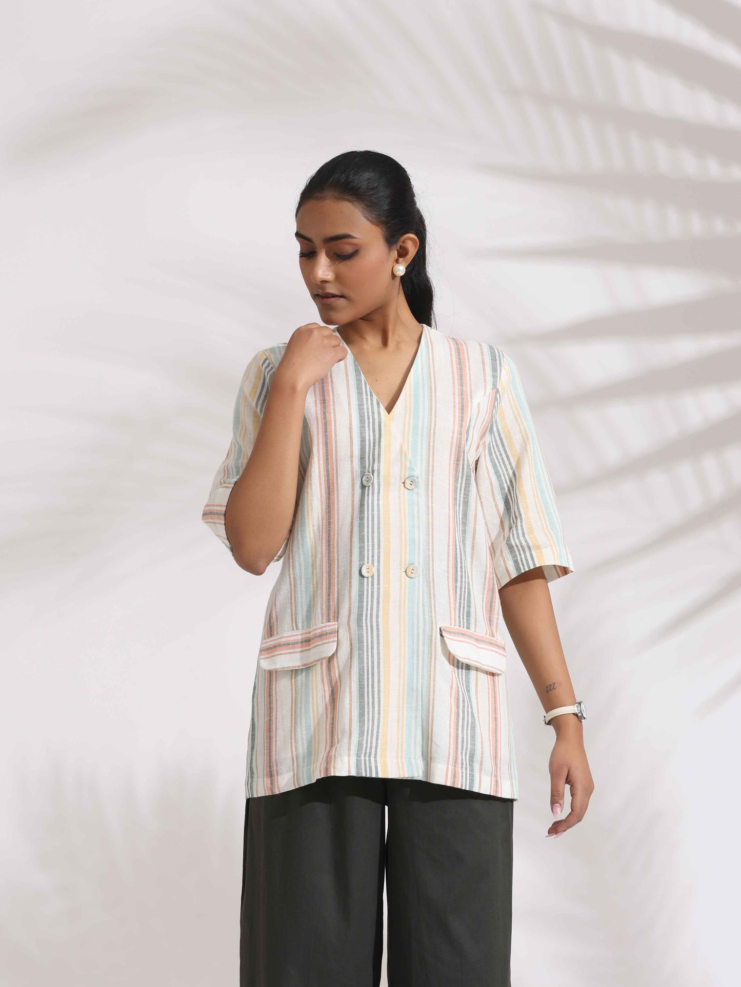 trueBrowns Off-White Cotton Stripe Jacket Top Co-ord Set - Distacart