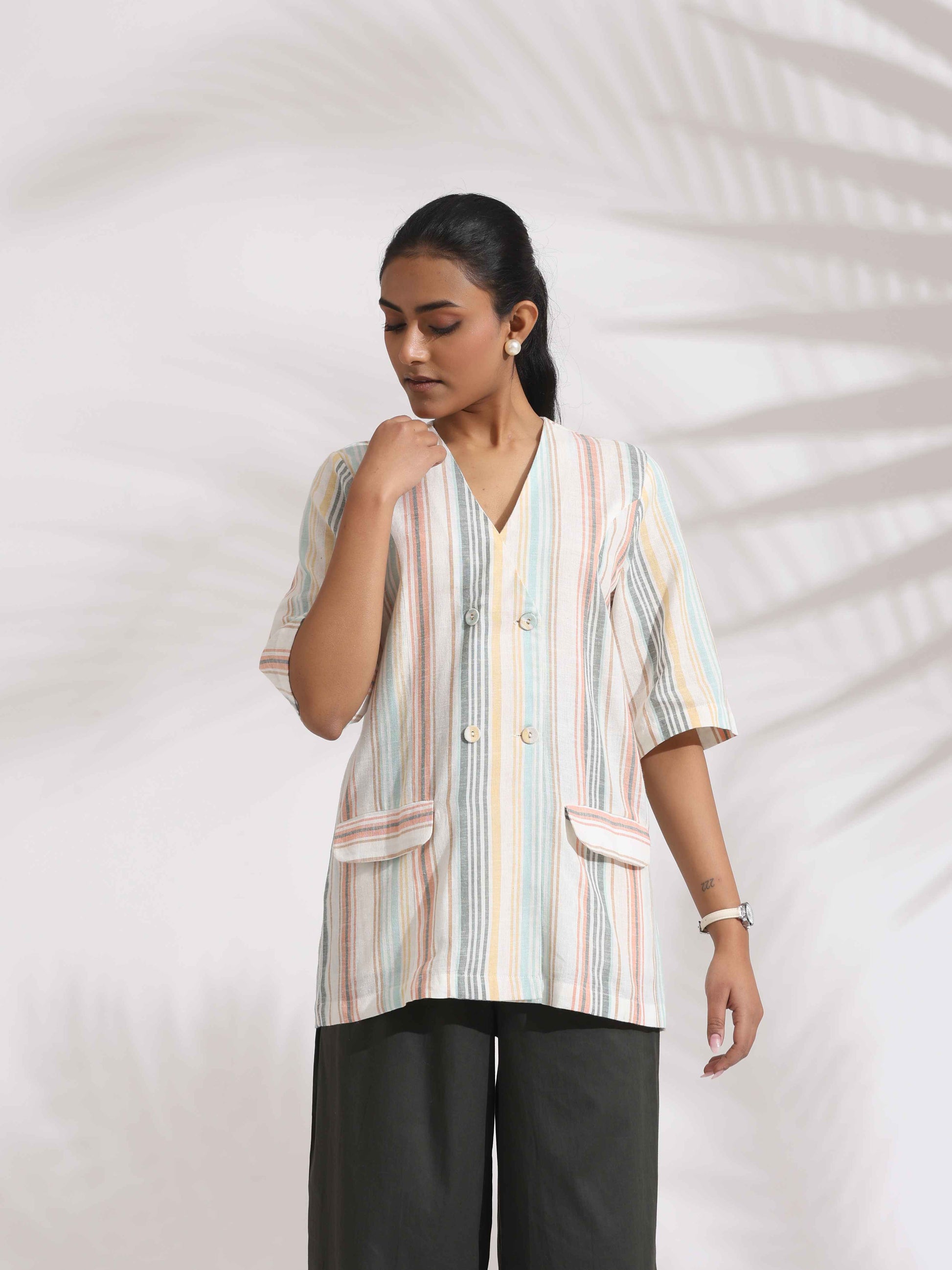 trueBrowns Off-White Cotton Stripe Jacket Top Co-ord Set - Distacart