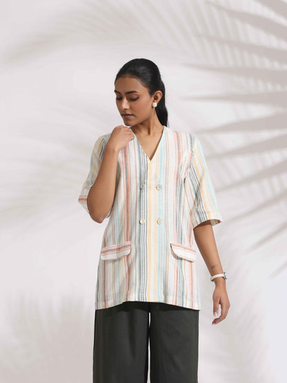 trueBrowns Off-White Cotton Stripe Jacket Top Co-ord Set - Distacart