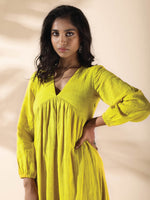 Thumbnail for trueBrowns Lime Cotton Dobby Flared Dress - Distacart