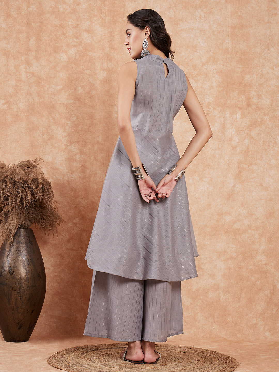 InWeave Light Grey Lurex Halter Neck W/S Kurta Palazzo Set