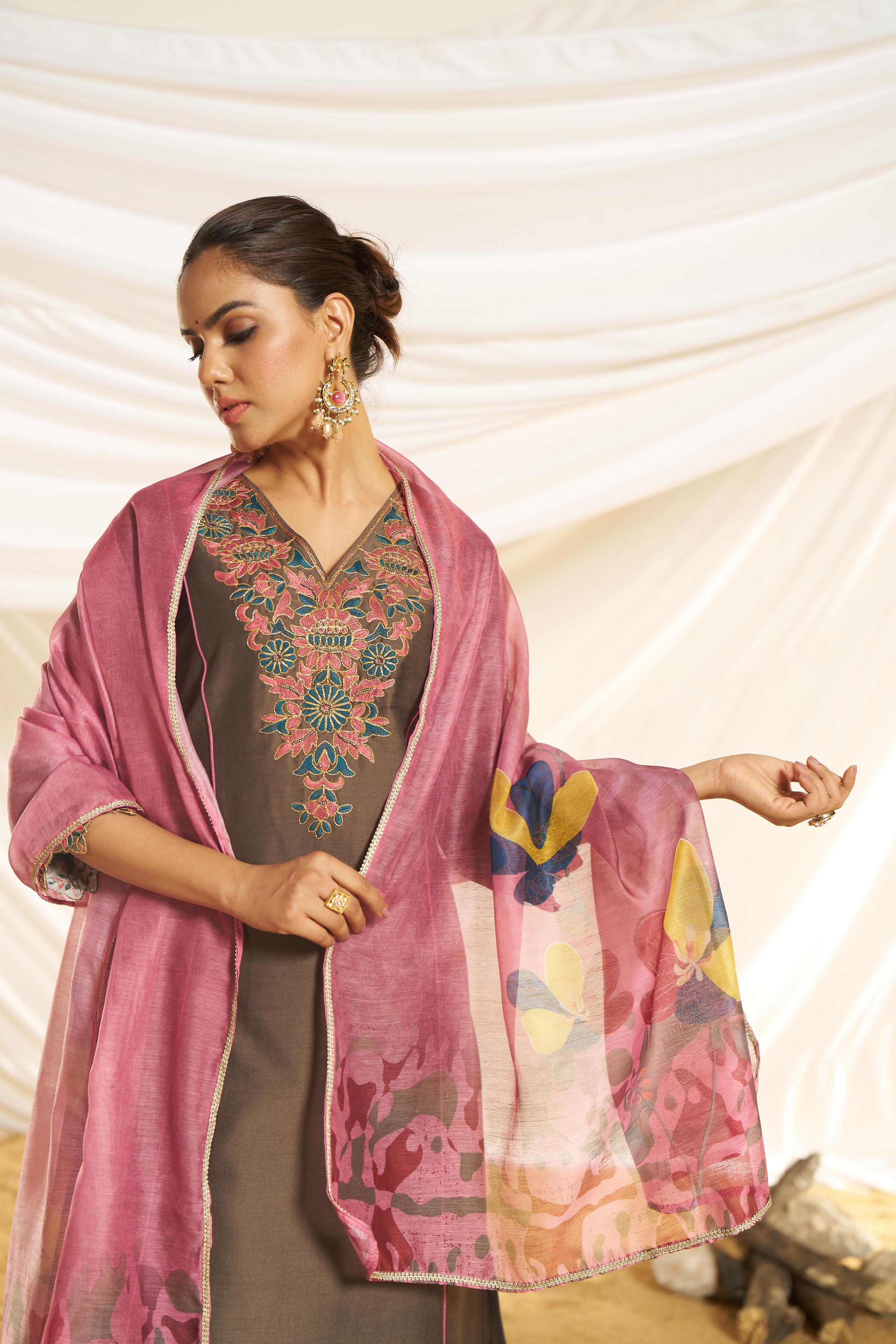 BulBul Women Brown Embroidered Premium Silk Straight-Shoulder Cut Suit With Dupatta
