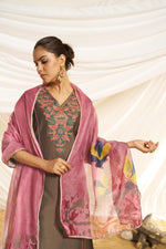 Thumbnail for BulBul Women Brown Embroidered Premium Silk Straight-Shoulder Cut Suit With Dupatta