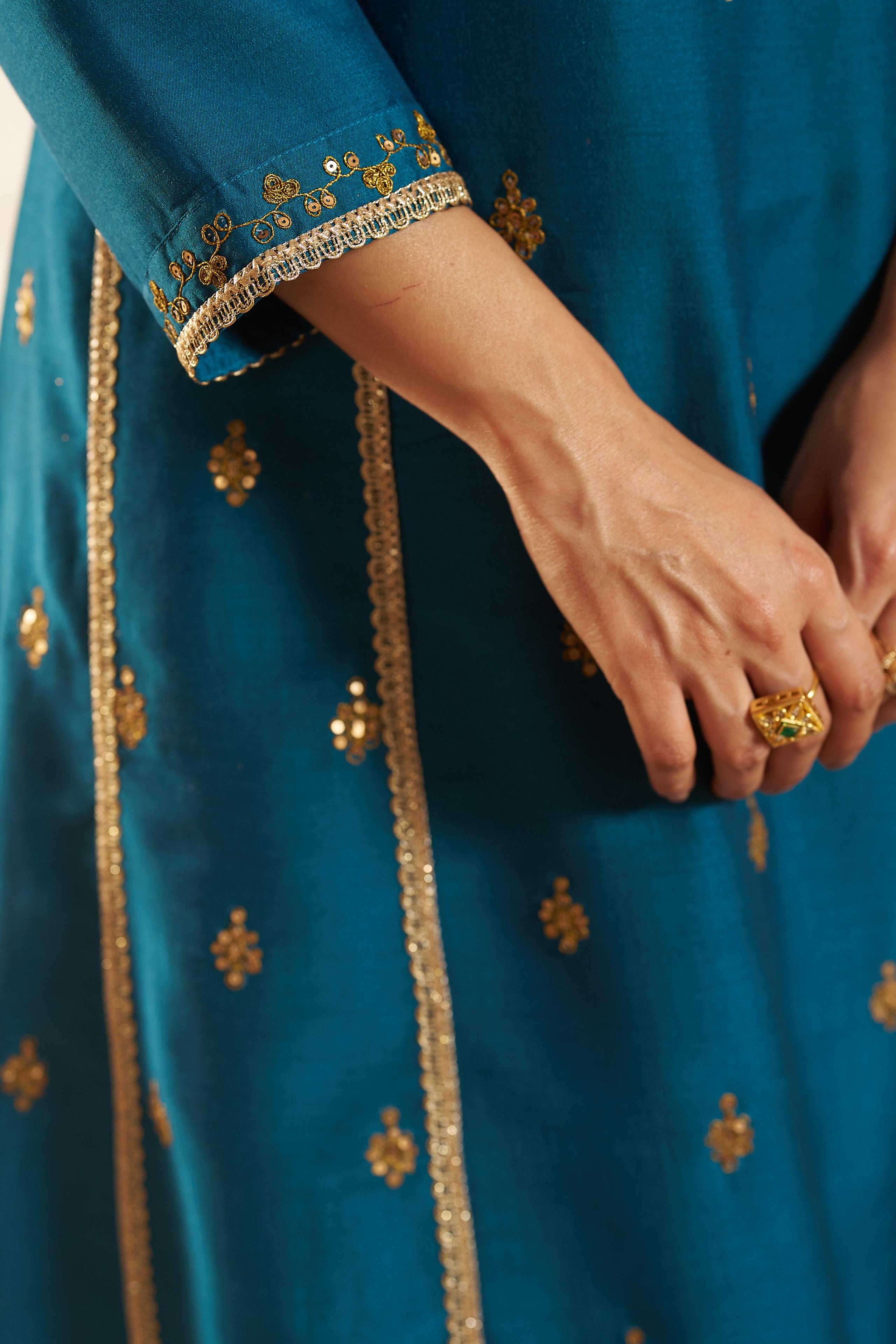 BulBul Women Teal Embellished Premium Silk Ethenic A-Line Kali Suit With Dupatta