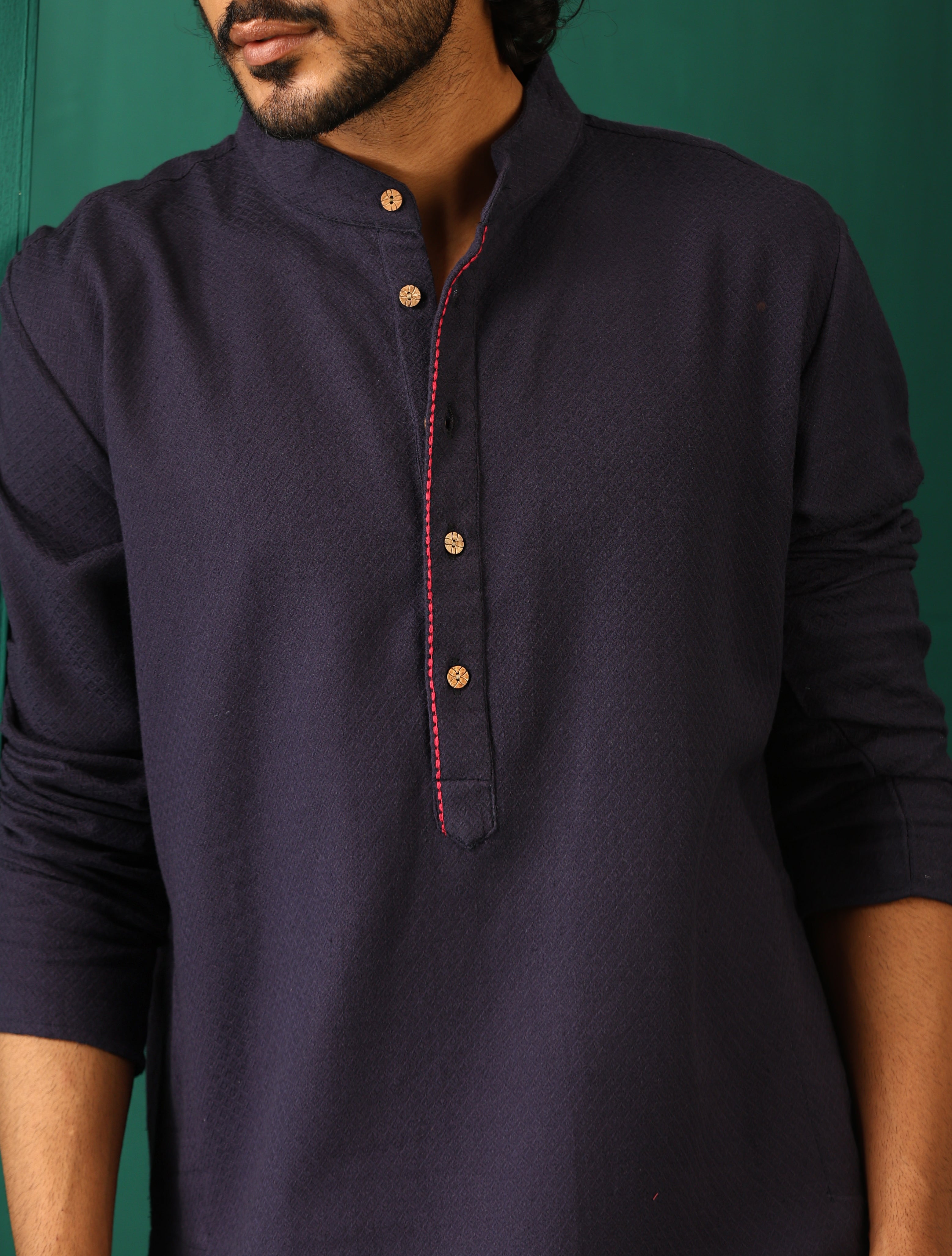 trueBrowns Men's Navy Dobby Textured Kurta - Distacart