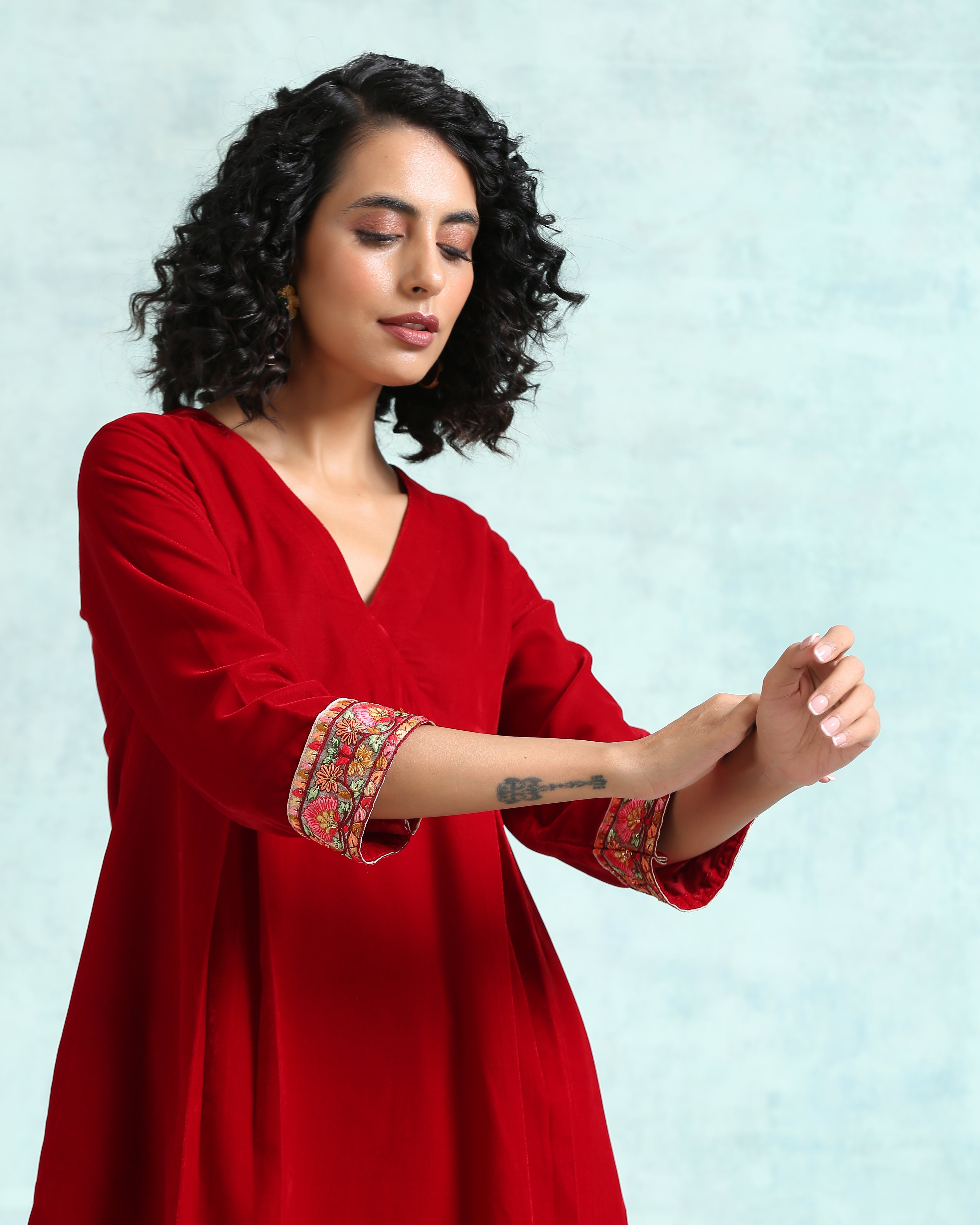 trueBrowns True Red Velvet Yoke Kurta - Distacart