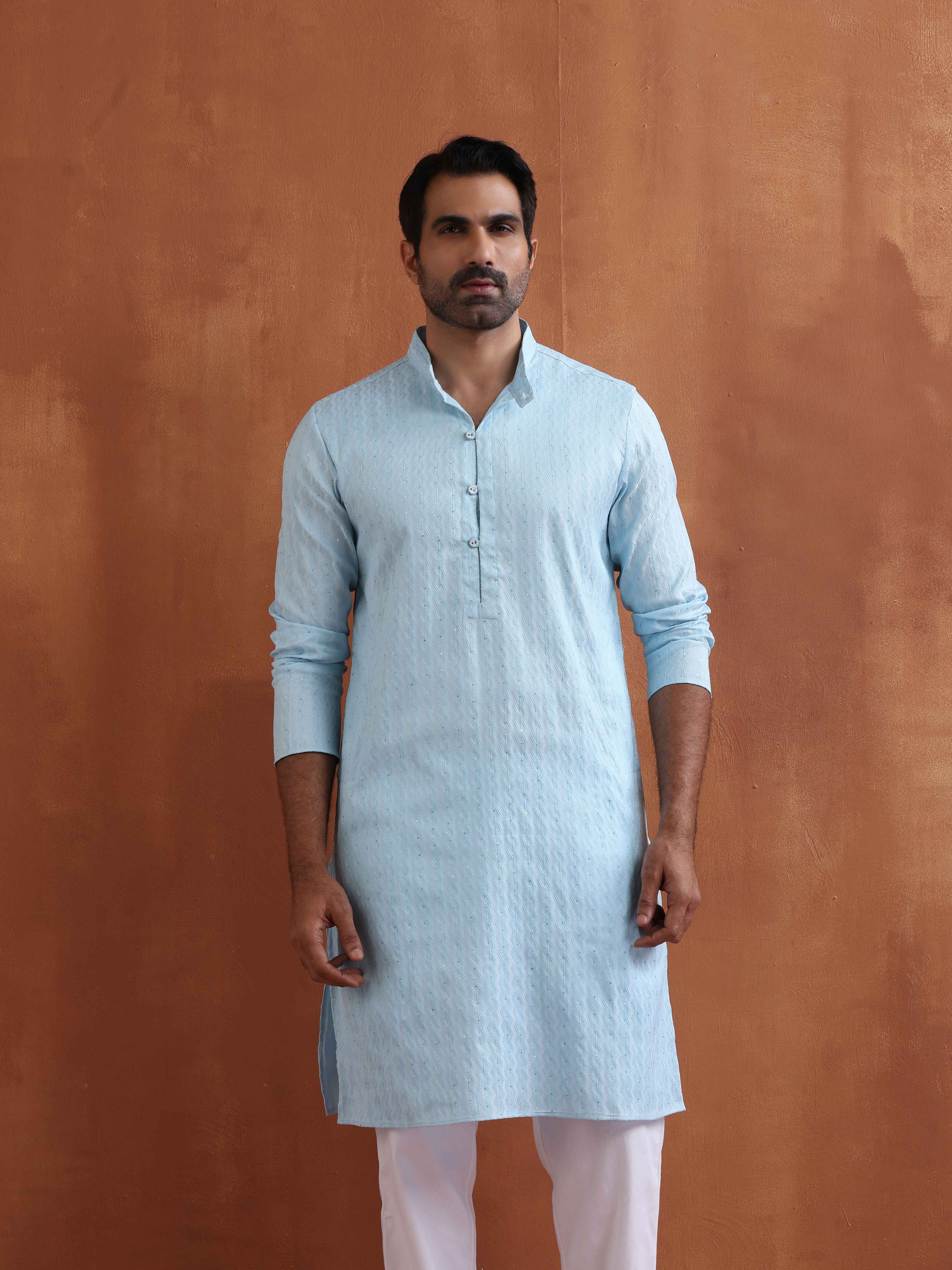 trueBrowns Men's Blue Sequin Chanderi Kurta