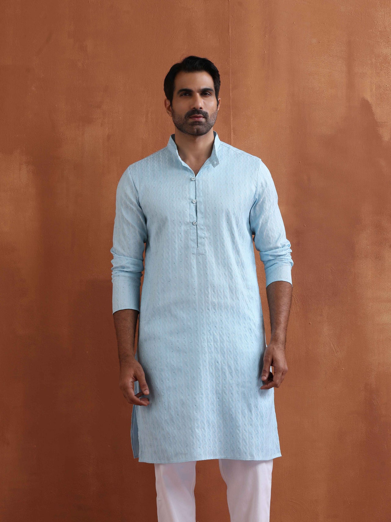 trueBrowns Men's Blue Sequin Chanderi Kurta
