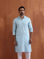 Thumbnail for trueBrowns Men's Blue Sequin Chanderi Kurta